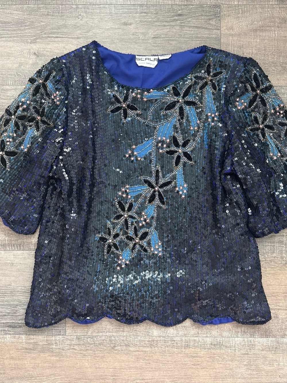 VINTAGE SCALA Silk Beaded Sequin Top Blouse Large Blue Black Flutter Sleeve